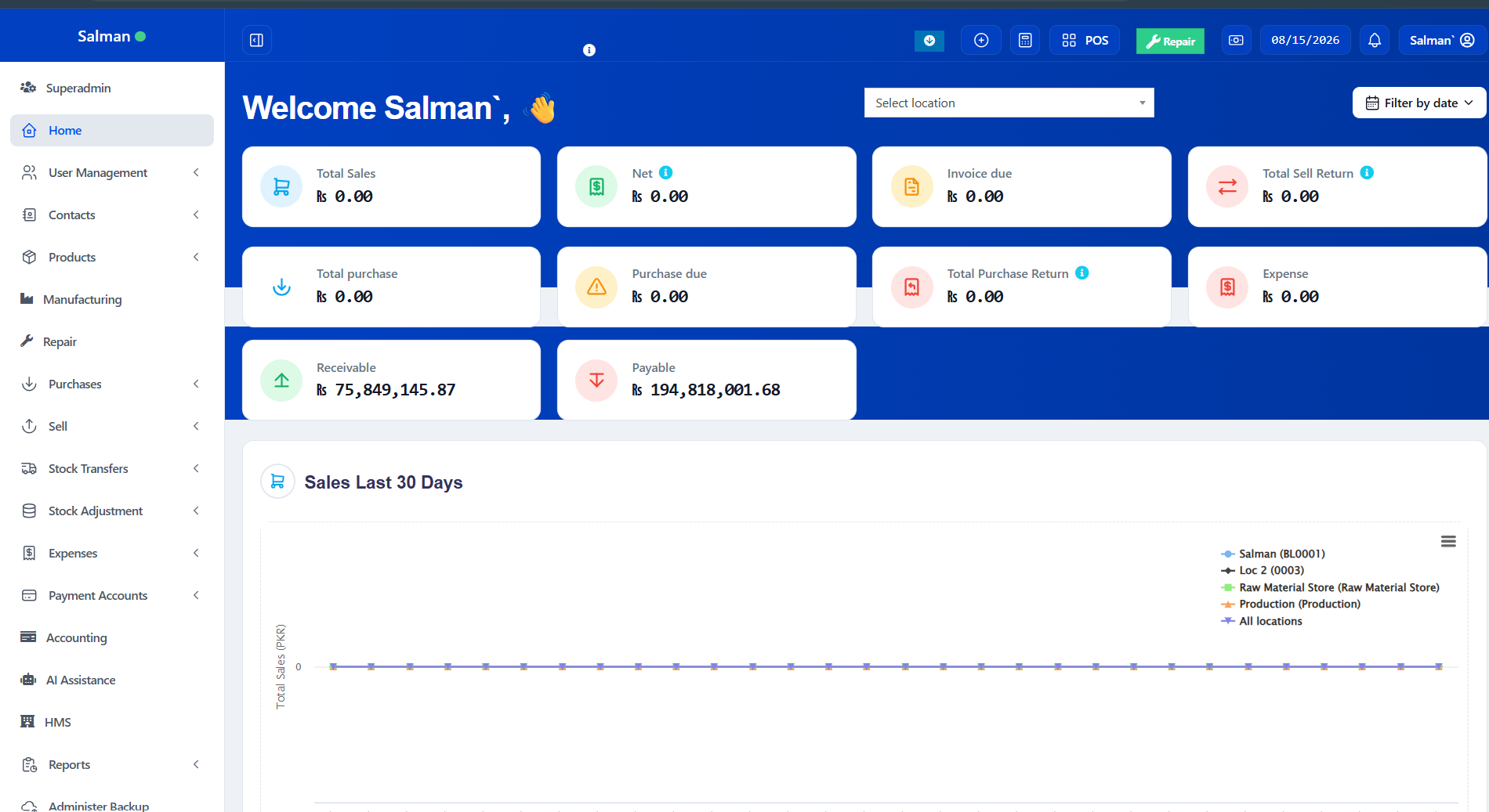 IPOS cloud ERP dashboard with sales, receivables, payables and navigation modules